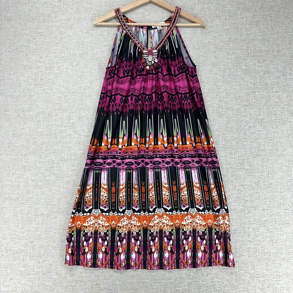 JohnPaulRichard Dress Womens Medium Pink Beaded Halter Geometric Swing Sundress